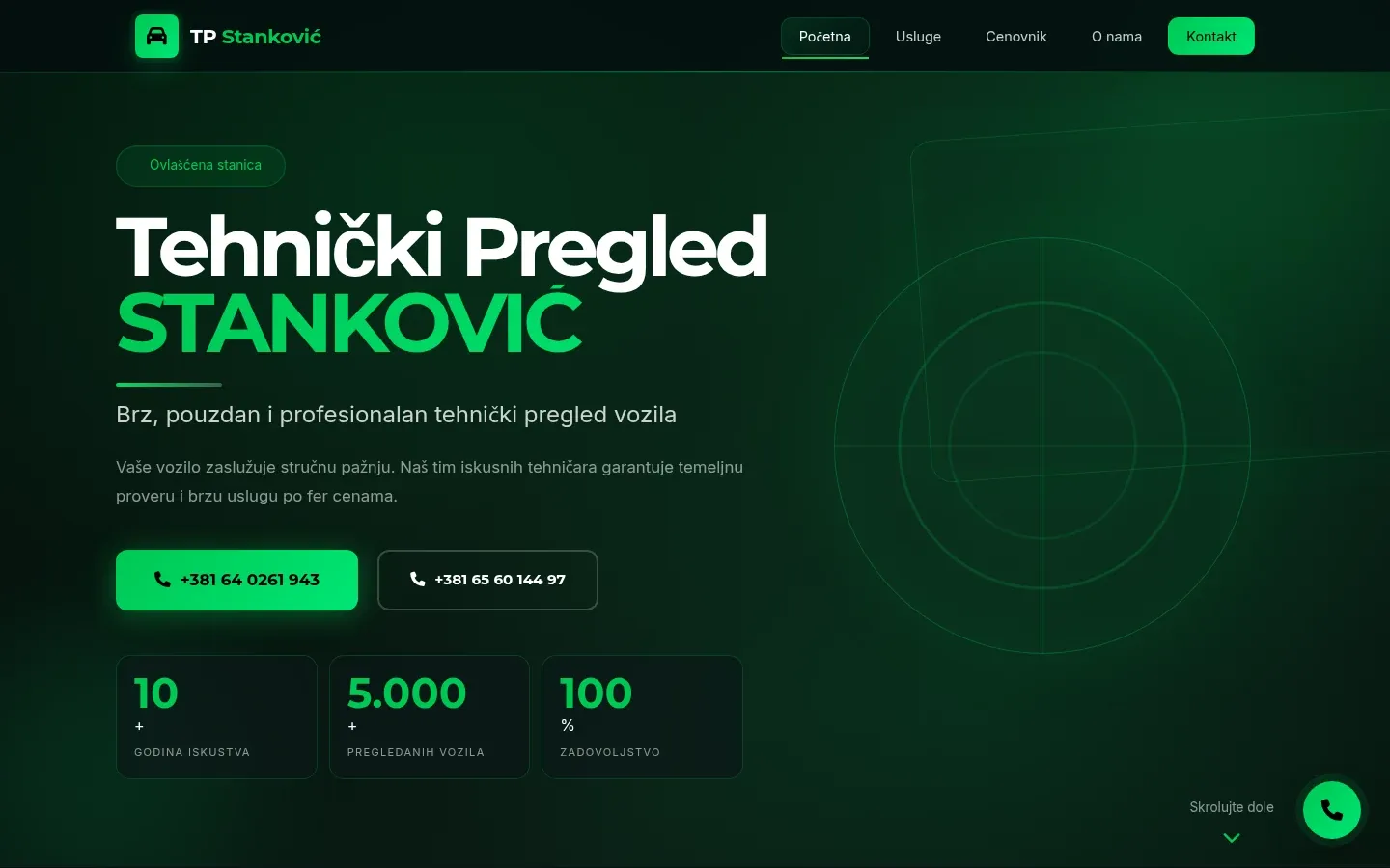 Početna strana sajta Tehnički Pregled Stanković 964, snimak ekrana