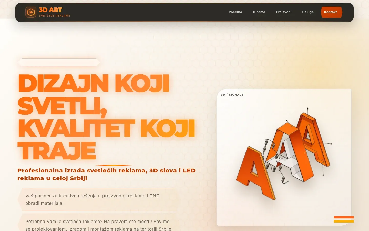 Početna strana sajta 3D Art Kragujevac sa naslovom o svetlećim reklamama, snimak ekrana