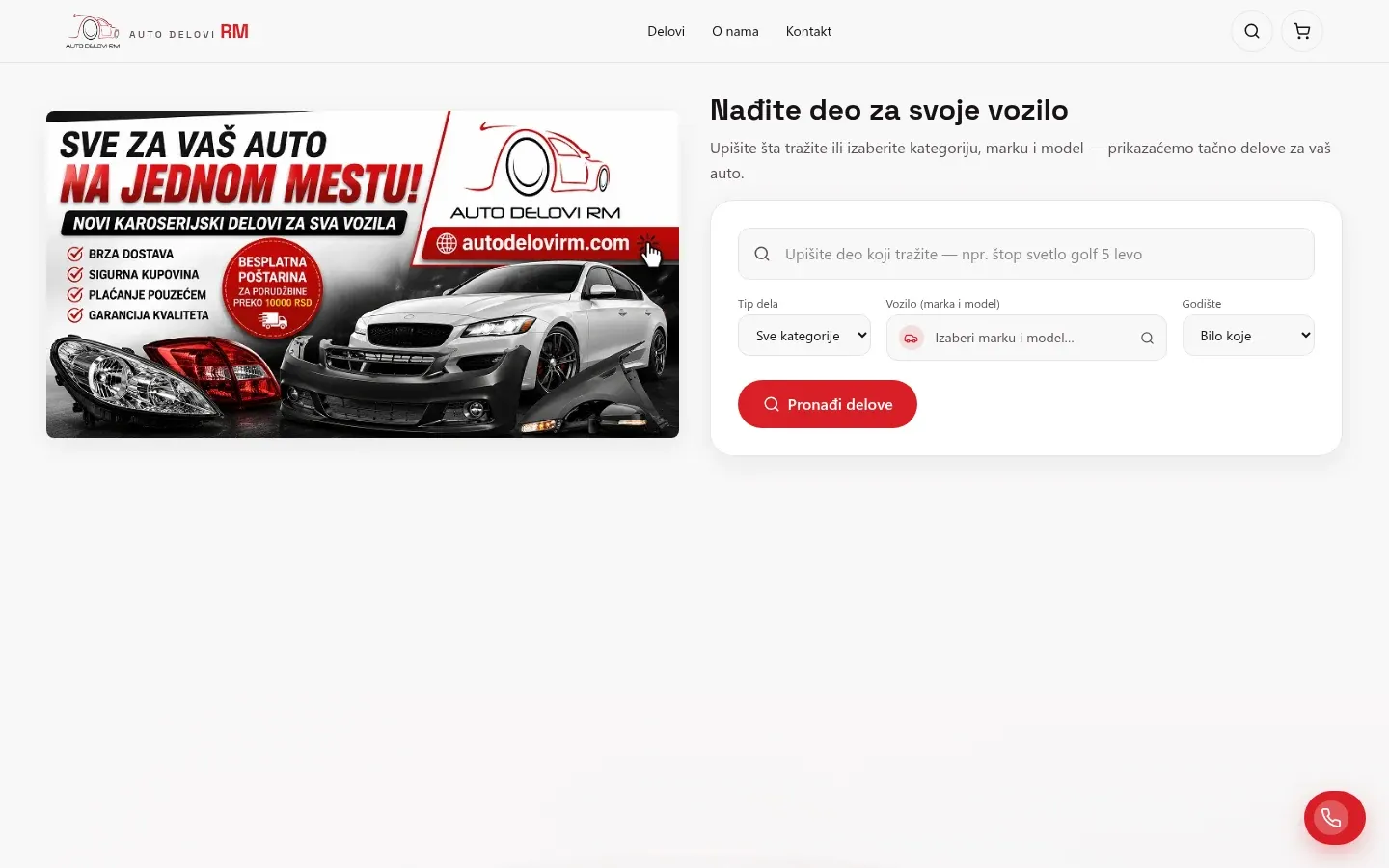 Početna strana sajta Auto Delovi RM sa izborom dela po vozilu, snimak ekrana