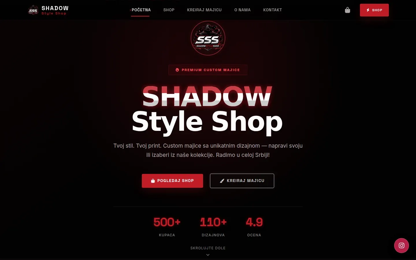 Početna strana prodavnice Shadow Style Shop, snimak ekrana