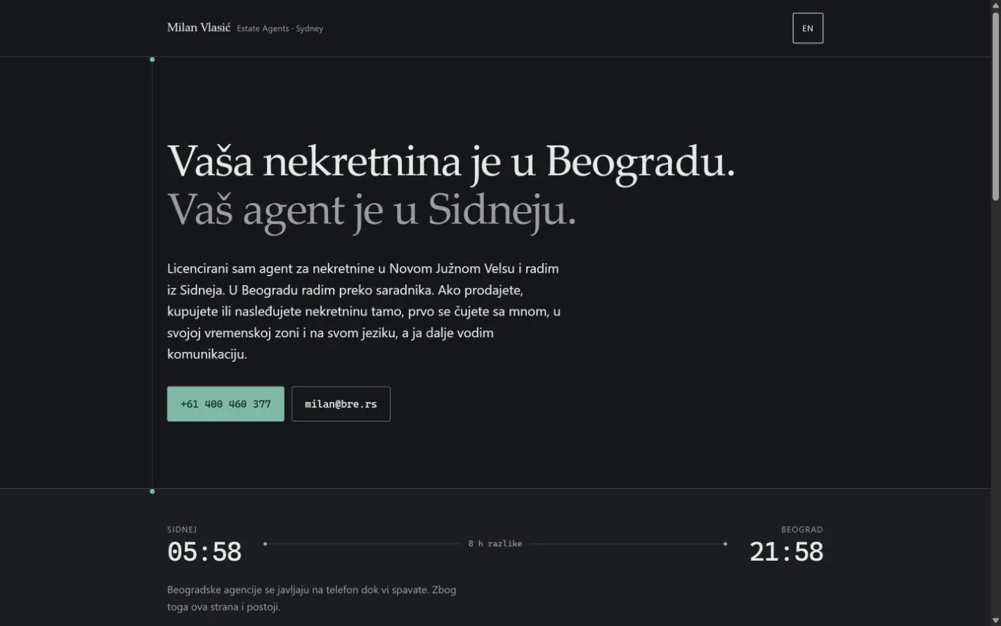 Početna strana ličnog sajta agenta Milan Vlasić, sa vremenom u Beogradu i Sidneju, snimak ekrana