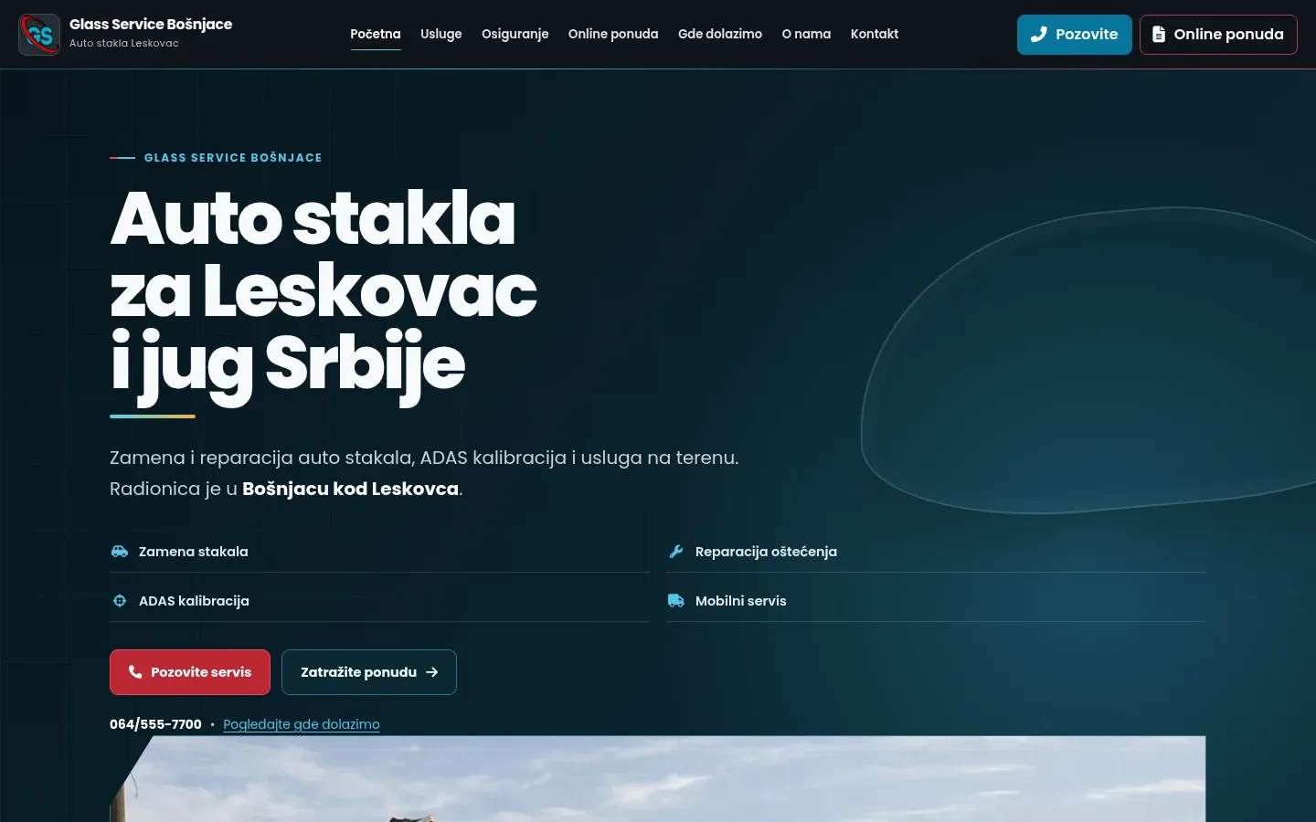 Početna strana sajta Glass Service Bošnjace, snimak ekrana