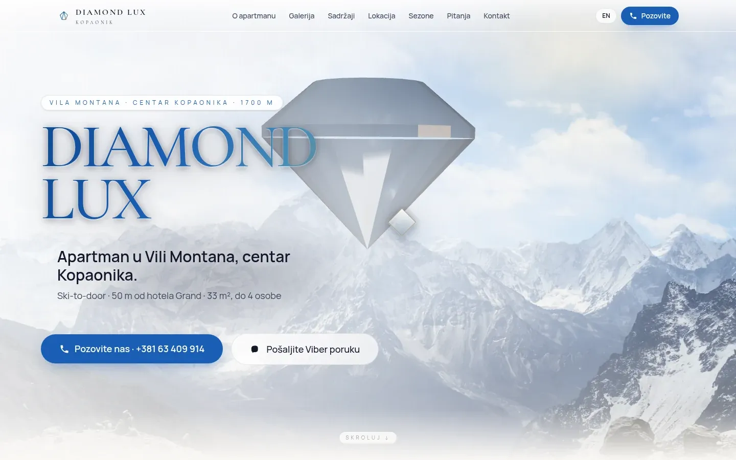 Početna strana sajta Diamond Lux Kopaonik o apartmanu na Kopaoniku, snimak ekrana