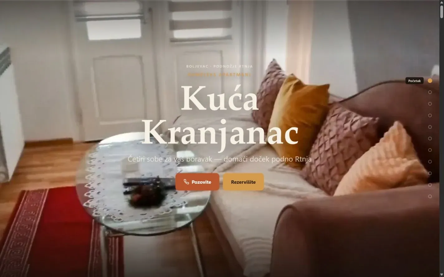 Početna strana sajta Kuća Kranjanac, snimak ekrana
