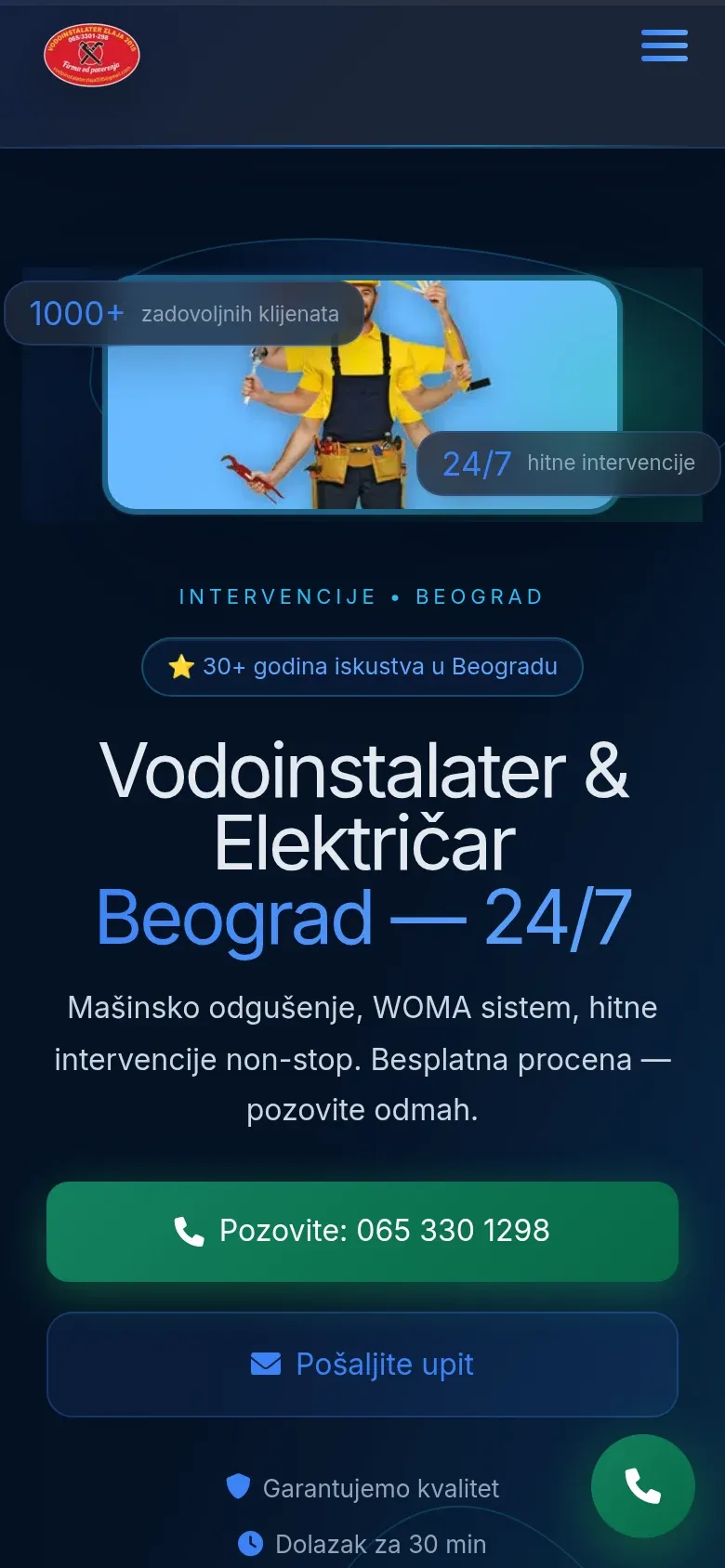 Početna strana sajta Zlaja 2015 na telefonu, sa dugmetom za poziv, snimak ekrana