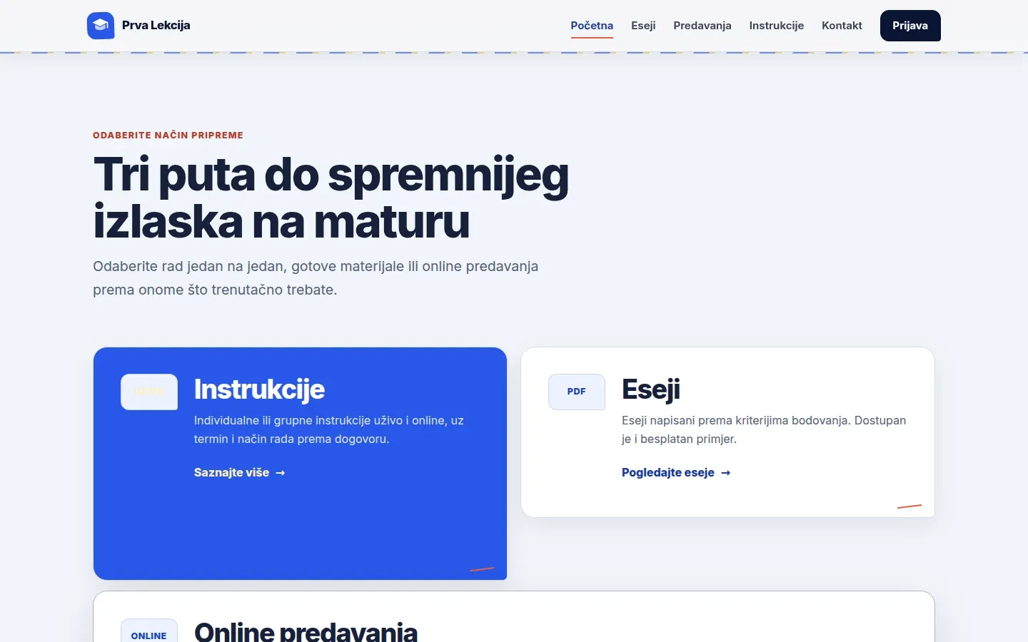Izbor načina pripreme za maturu na sajtu Prva Lekcija, snimak ekrana