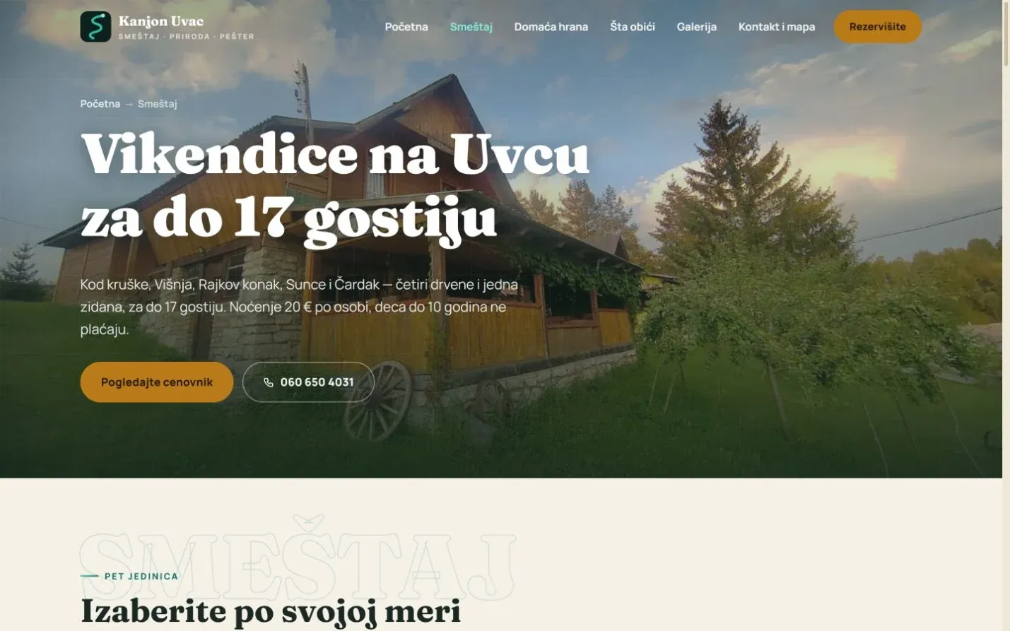Strana o smeštaju u vikendicama na sajtu Kanjon Uvac, snimak ekrana