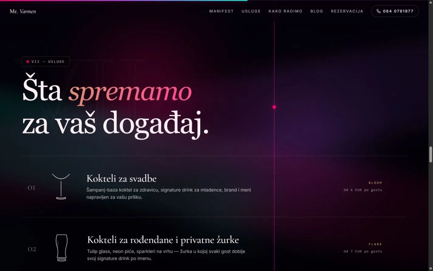 Strana sa uslugama za događaje na sajtu Mr. Varmen, snimak ekrana