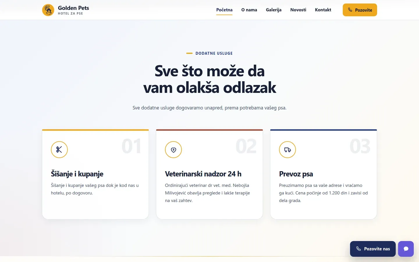 Dodatne usluge pansiona na sajtu Golden Pets Hotel, snimak ekrana