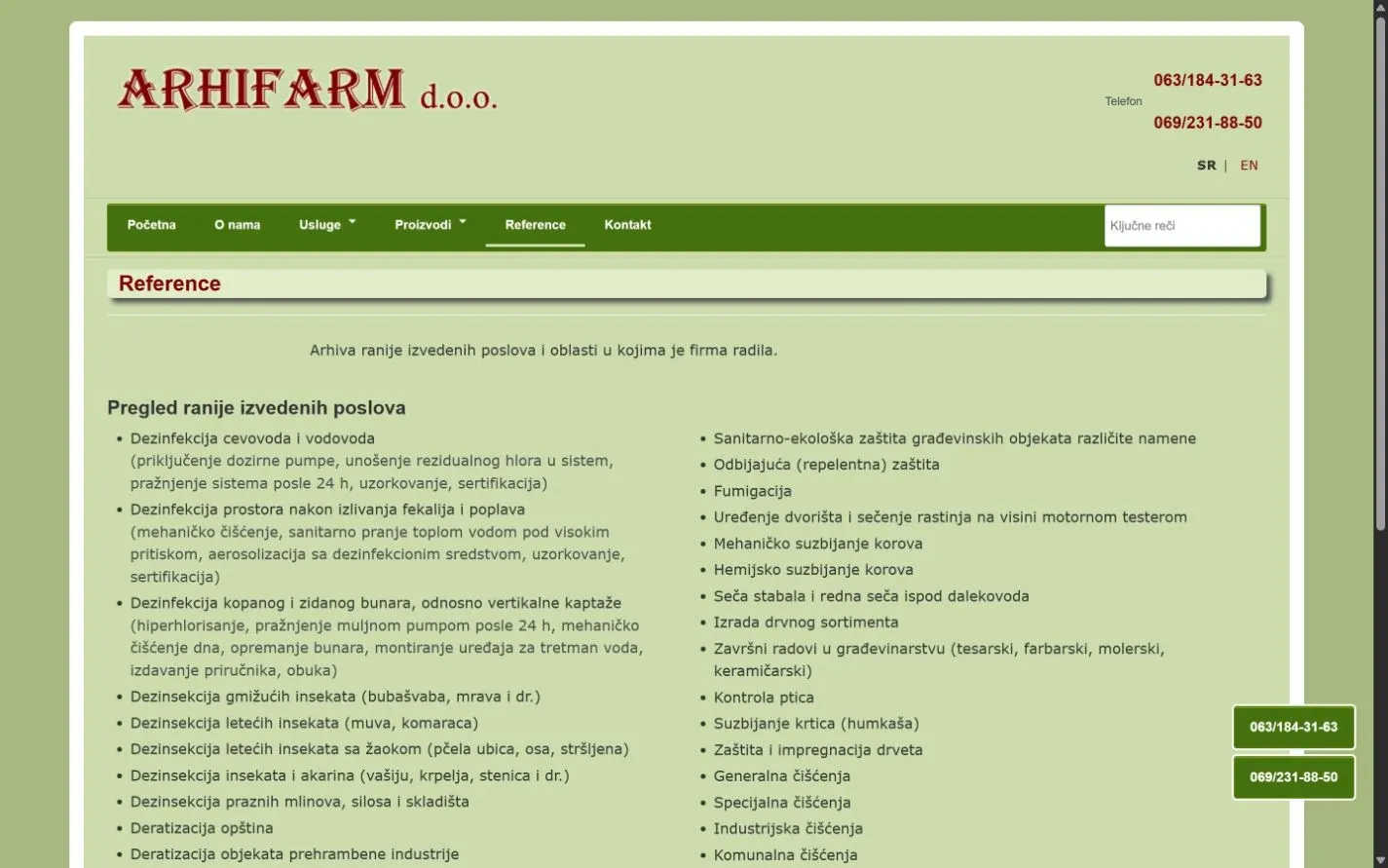 Strana sa referencama i spiskom izvedenih poslova na sajtu ARHIFARM, snimak ekrana