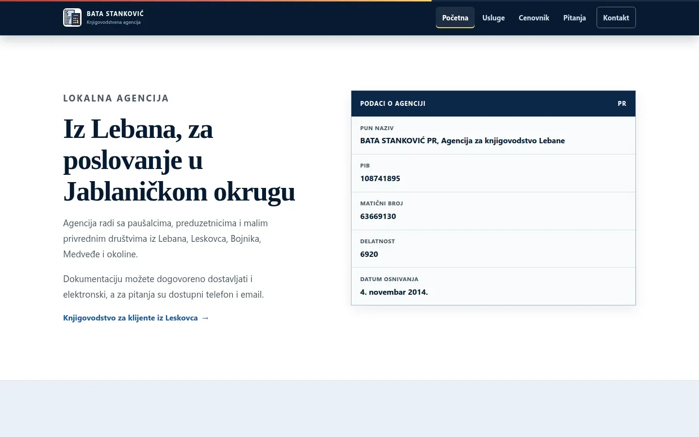 Blok sa podacima o agenciji na sajtu Bata Stanković, snimak ekrana